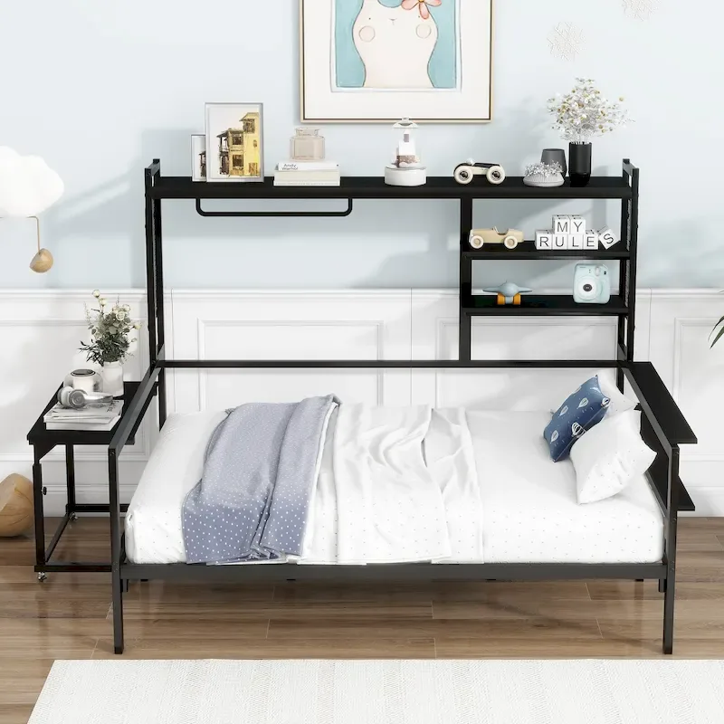 Metal Daybed with Movable Desk, Shelves and Clothes Hanger