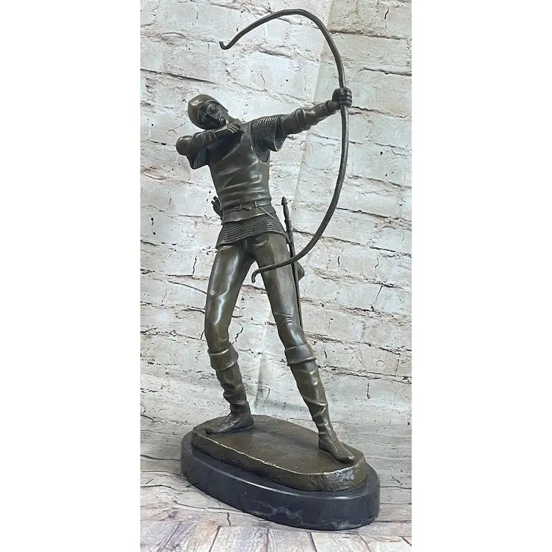Medieval English British Longbow Bowman Archer Bow Arrow Bronze Statue Sculpture Marble Base