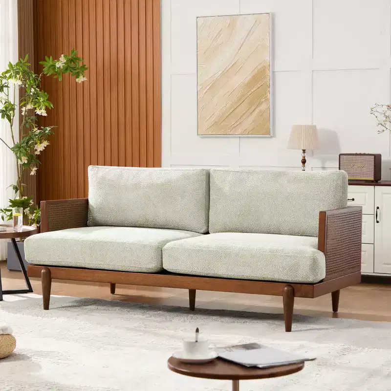 Christopher Knight Home Quince 72 Modern 3-Seater Rubberwood Velvet Upholstered Sofa with Cushion and Rattan Design