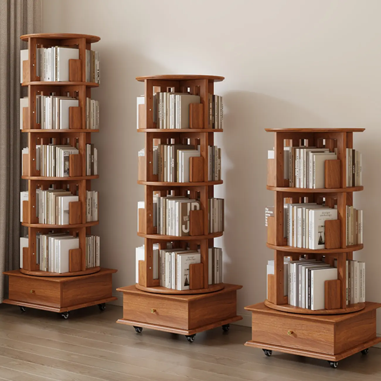 Swivel Rubberwood Vertical Open Back Bookcase with Drawer