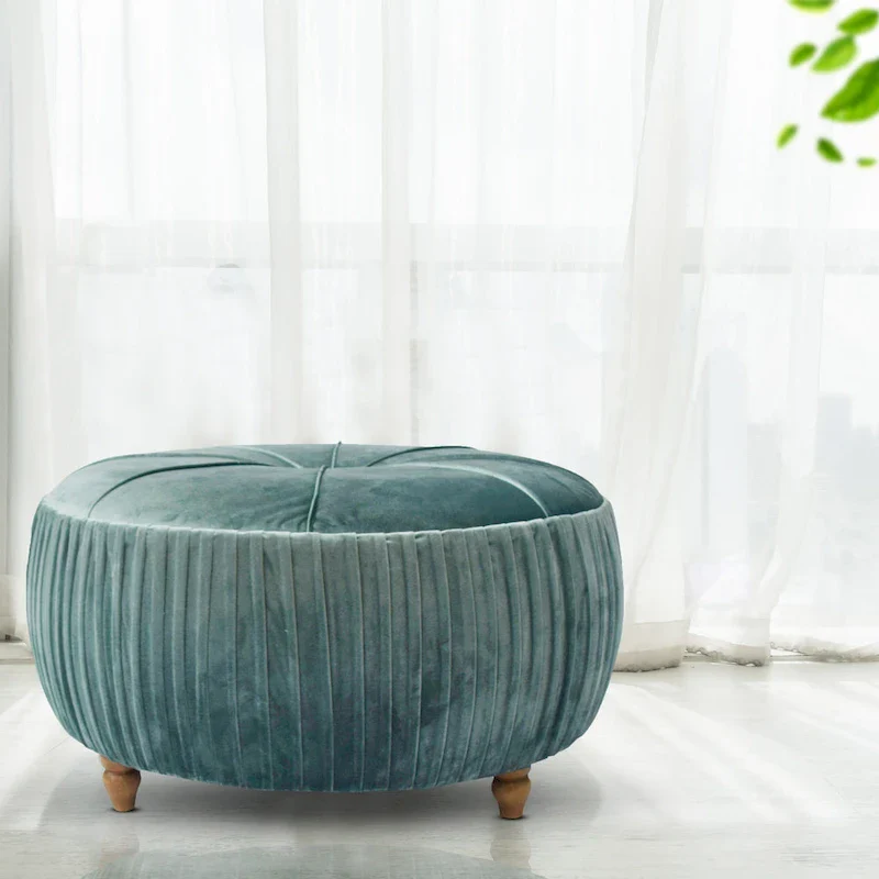 Velvet Round Ottoman with Pleated Design