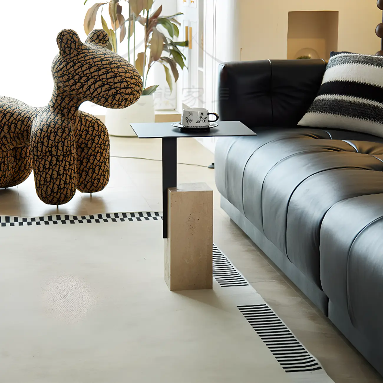 Modish Travertine Pedestal Metal Square Side Table