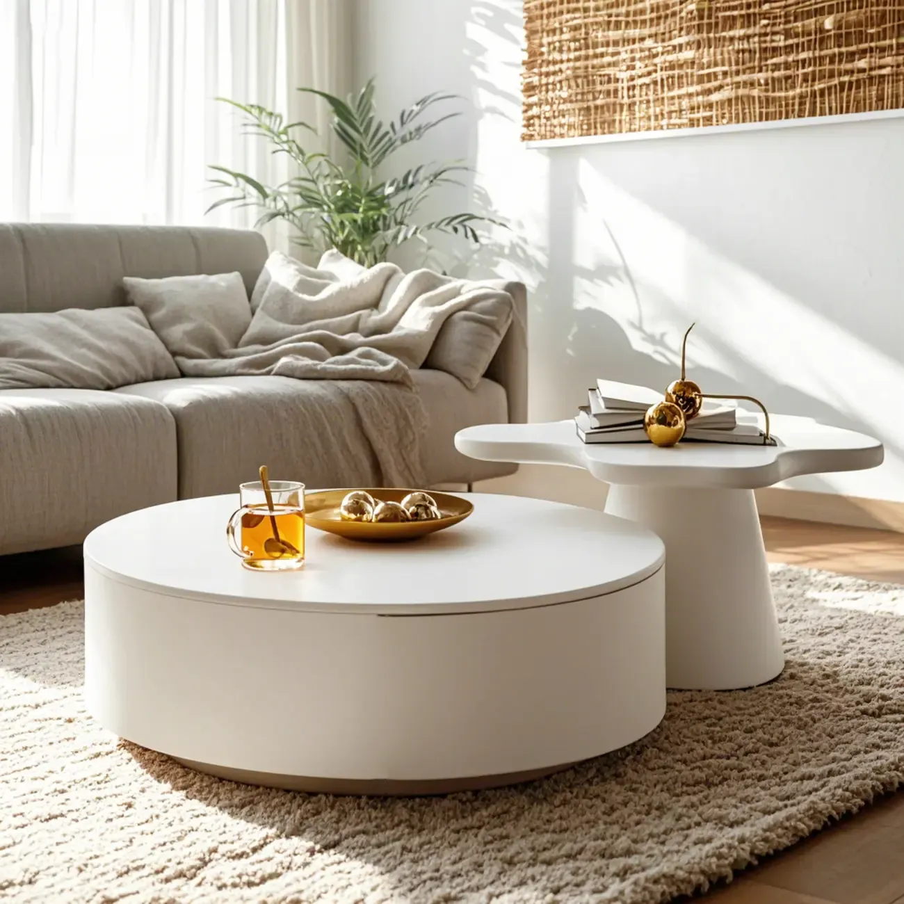 White Round Pedestal Modern Wood Drawer Coffee Table