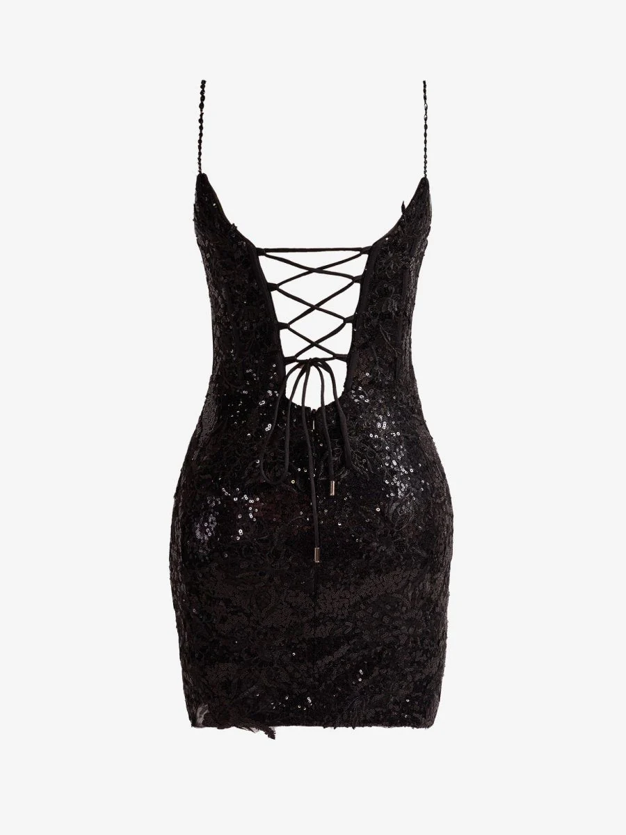 Black Sheath Spaghetti Straps Sequined Lace Homecoming Dress