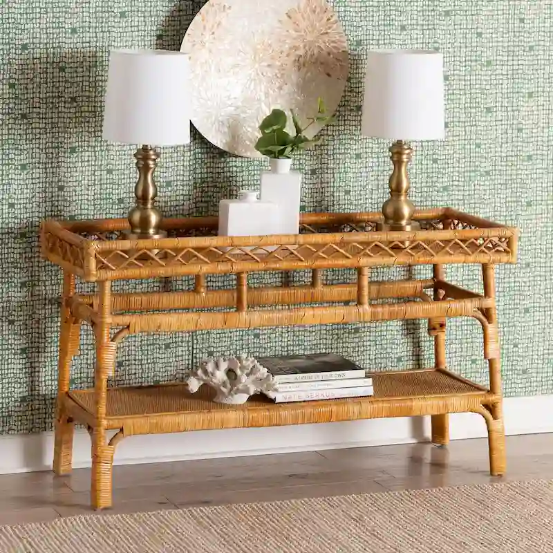Savitri Modern Bohemian Natural Rattan 2-Tier Console Table