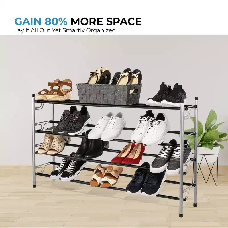 USTECH 4 Tier Shoe Rack Silver with Black Rough Bars
