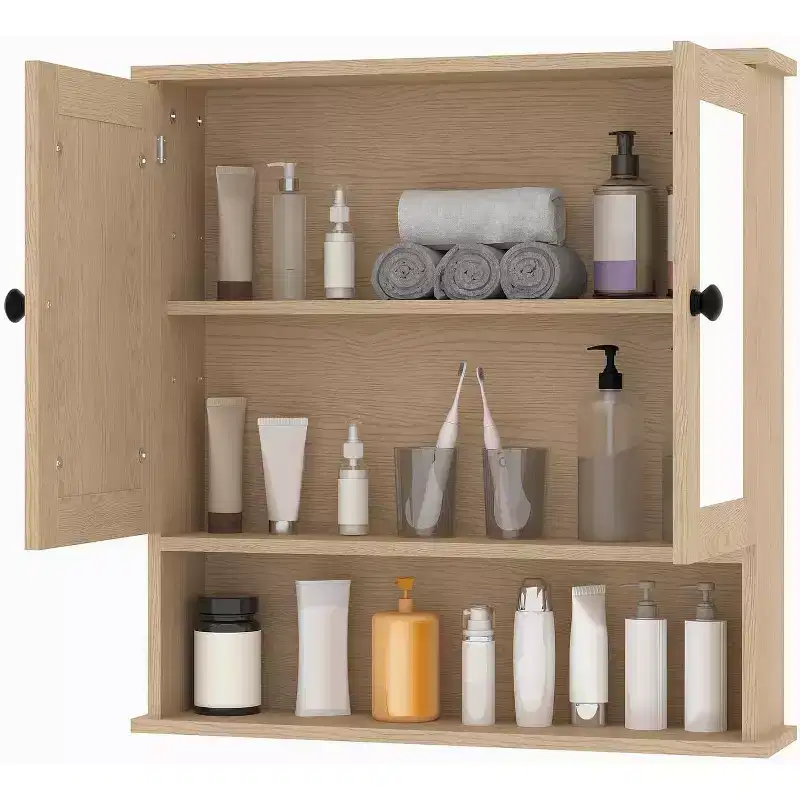 Wall Mount Mirror Medicine Cabinet with Adjustable Shelf, Waterproof Oak Cabinet for Bathroom Organization