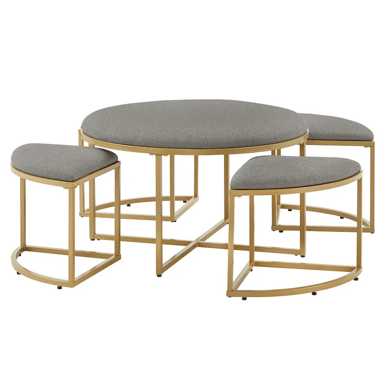 Gold Round Coffee Table with 4 Nesting Stools Set
