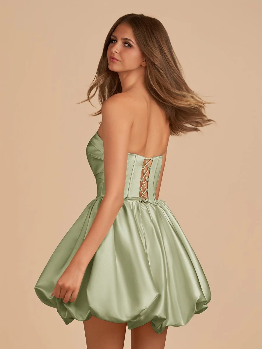 Sage - A Line Strapless Satin Bubble Hem Short Homecoming Dresses