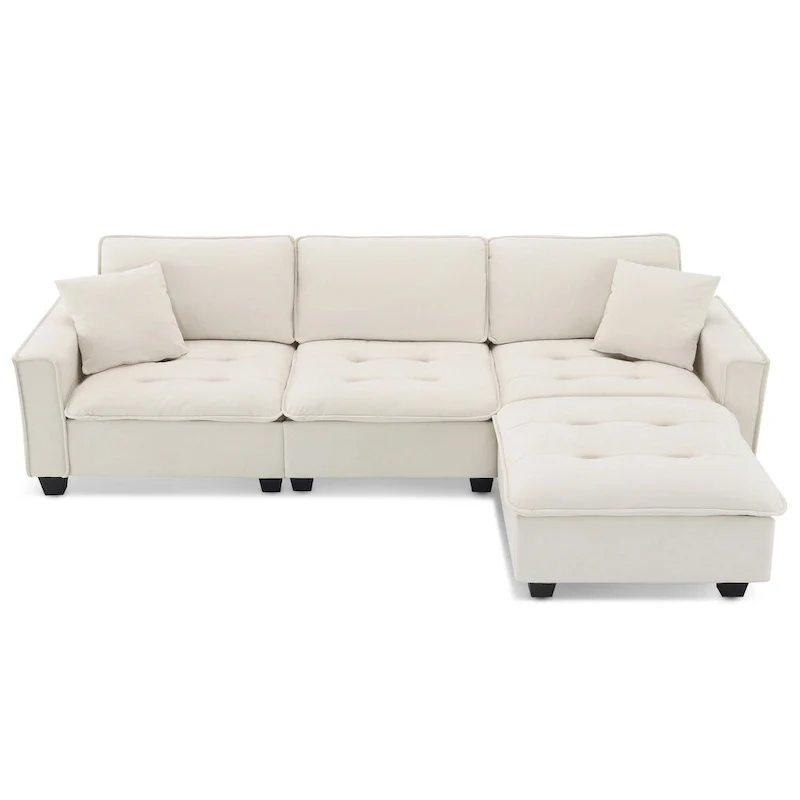 100 L-Shaped Convertible 4 Seater Sectional Sofa with Removable Ottoman and Matching Pillows, Suede Velvet Upholstery