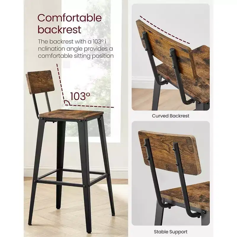 VASAGLE Set of 2 Bar Stools, Bar Height Stools, Tall Bar Stools with Back, Bar Chairs, Steel Frame, Industrial Style