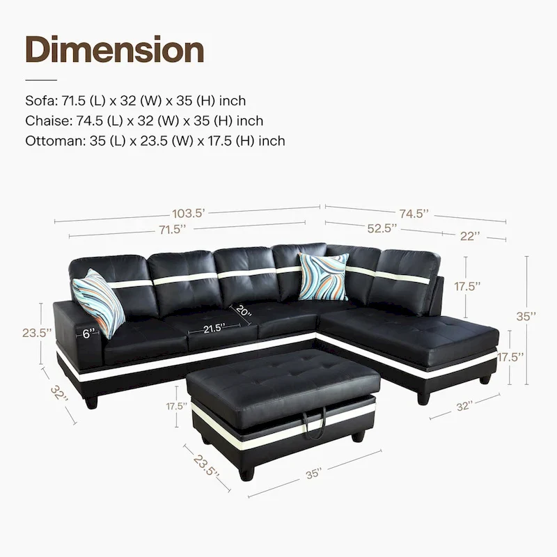 L-Shape Semi PU Leather Living Room Sofa Set with Ottoman,3-Piece