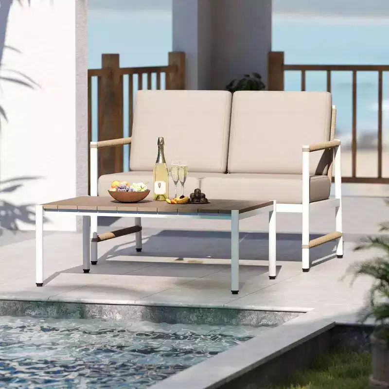 Costway 2 PCS Patio Furniture Set Loveseat Sofa with Coffee Table Thick Cushions