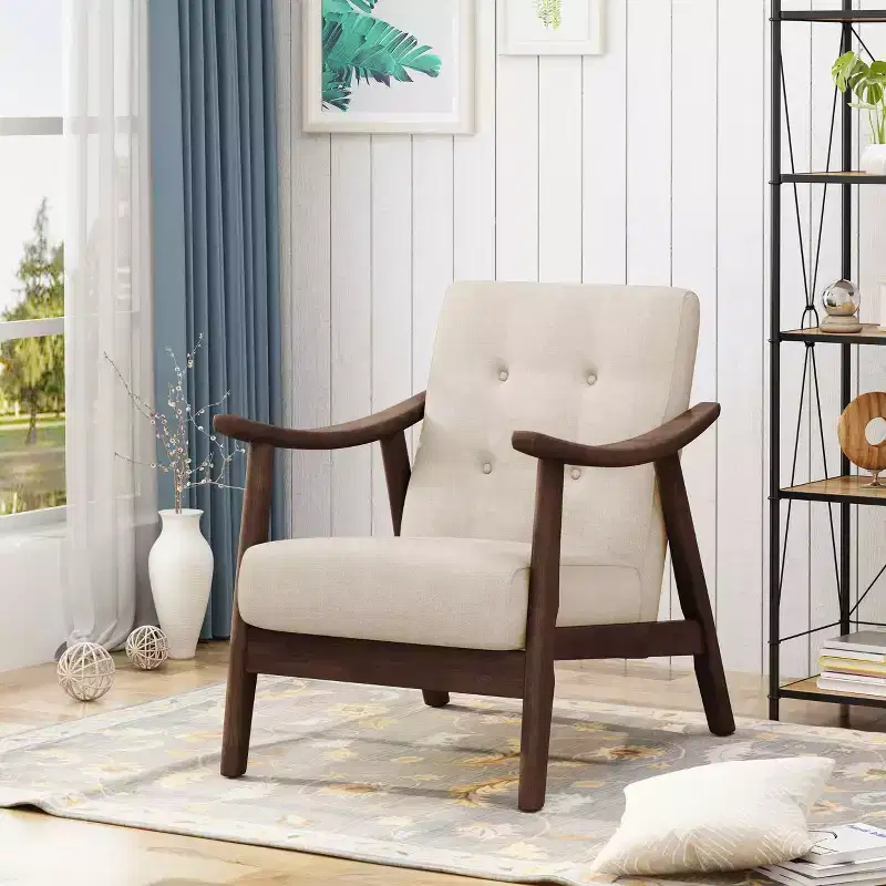 MAYEERTY Mid Century Modern Tufted Armchair, Beige Upholstery Brown Frame, Living Room Dining Room