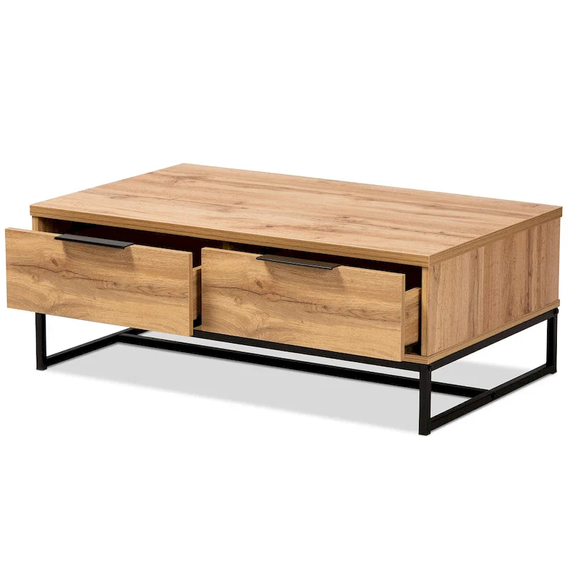 Oak Brown 2-Drawer Coffee Table with Metal Legs
