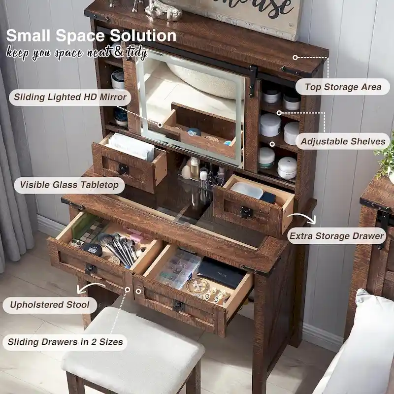 Farmhouse Makeup Vanity Desk, Vanity Dressing Table, Stool Included