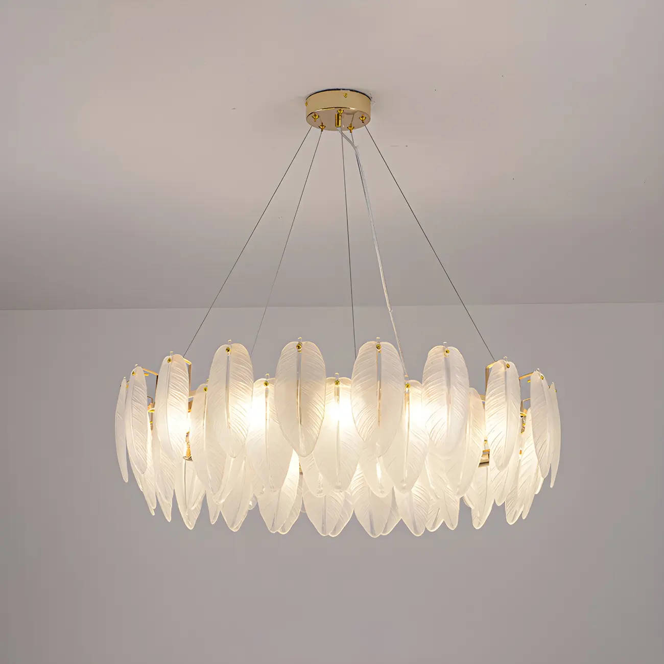 Elegant White Glass Feather Round Chandelier