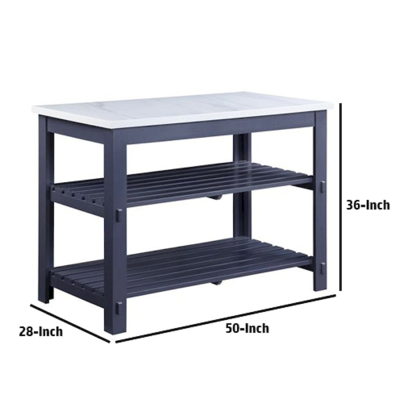 50 Inch Kitchen Island, Faux Marble Top, 2 Slatted Shelves, Gray
