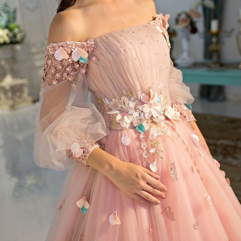 Long Sleeve Pearl Pink Off The Shoulder Quinceanera Dress with Hand-made Flower