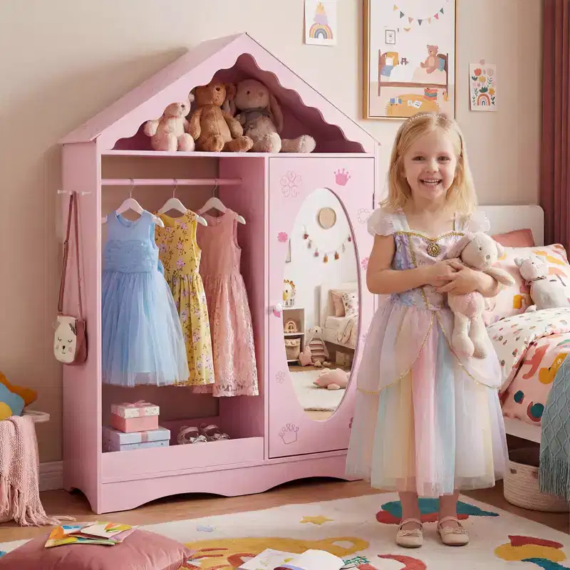 Costway Kids Dress Up Storage w/ Mirror Roofed Wardrobe Closet w/ Open Hanging Rack