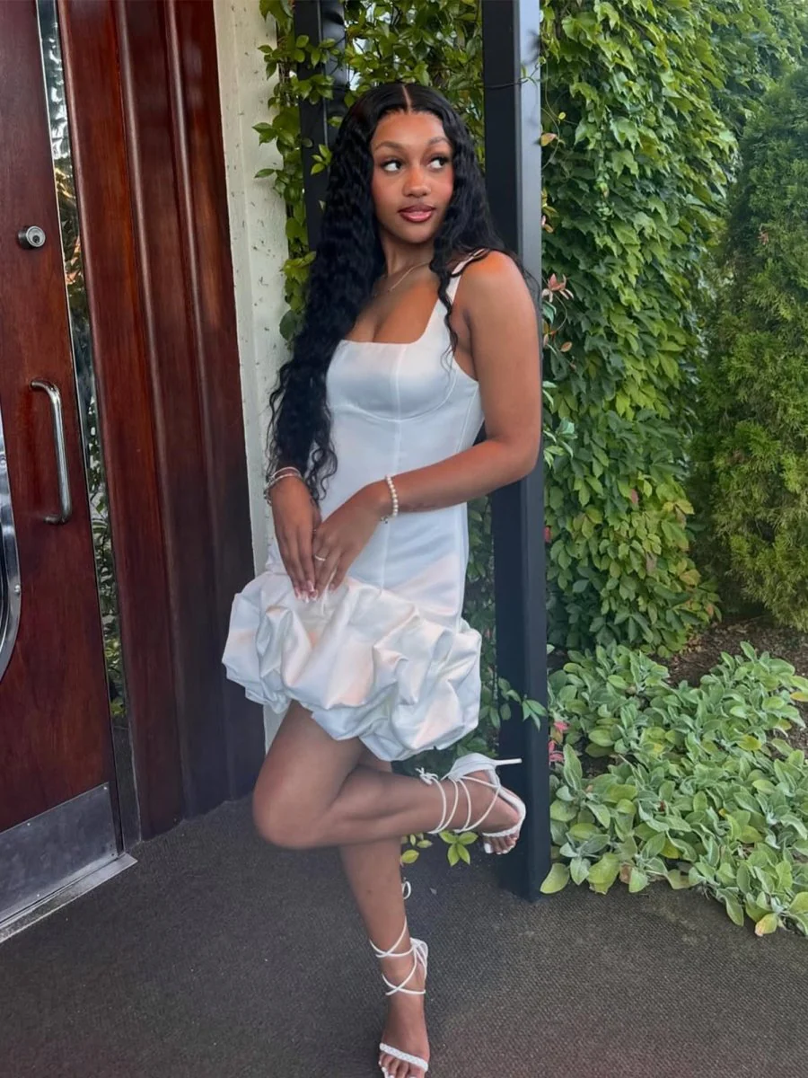 White - A Line Square Neck Satin Ruffles Short Homecoming Dress