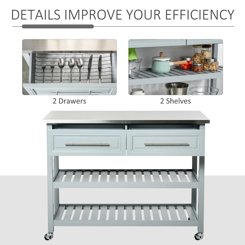 HOMCOM Kitchen Island Stainless Steel Top Rolling Utility Cart with Drawers, Shelves - Grey