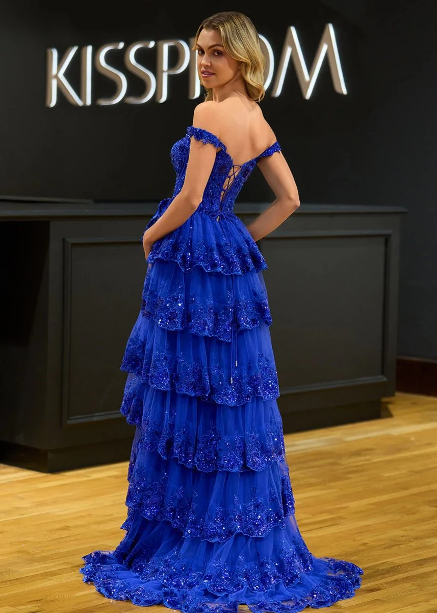 A-Line Lace Off-the-Shoulder Tiered Long Prom Dress with Slit