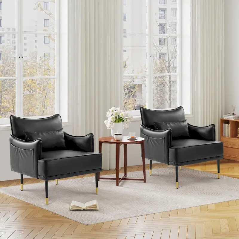 Glitzhome Set of 2 29.5 W Mid-Century Modern Leatherette Armchairs With Side Pocket - 29.5  W x 32  H x 28.75  D