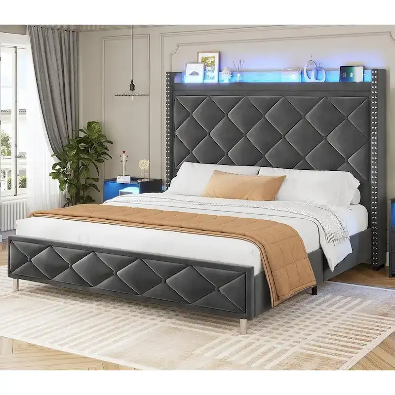 LED Bed Frame with 51.2 Tall Headboard Charging Station