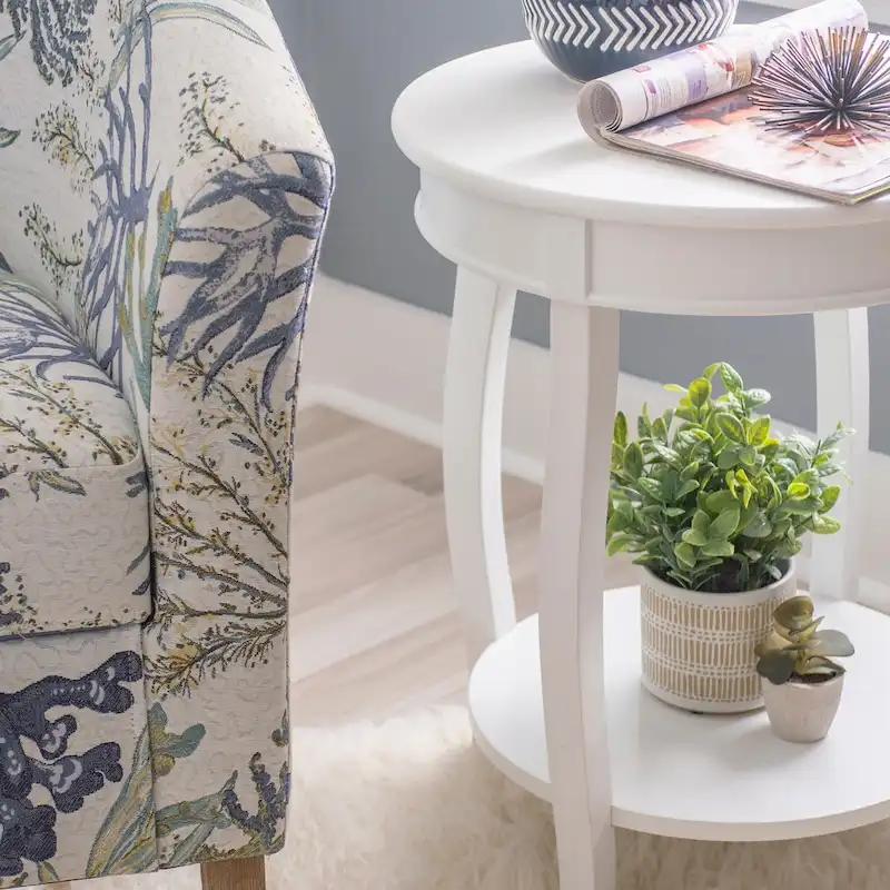 White Round Side Table with Lower Shelf & Cabriole Legs, 1-Person