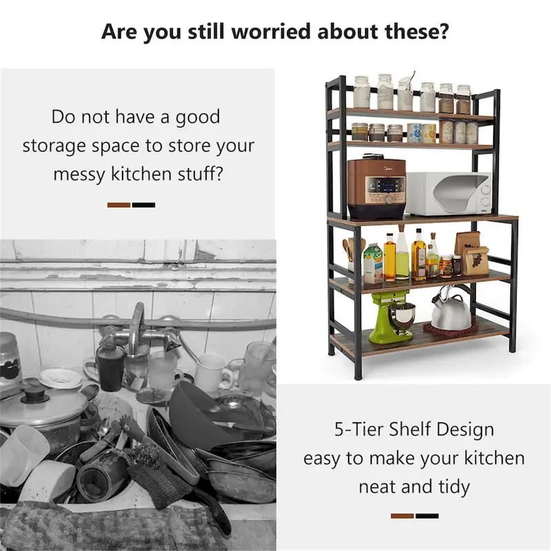 5-Tier Kitchen Bakers Rack with Hutch - Brown/Black/White