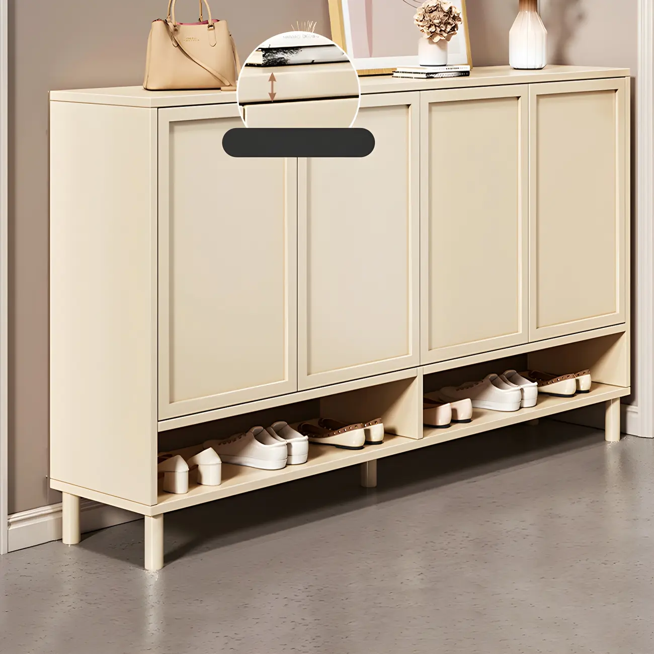 Cream White Wood Shoe Cabinet with Shoe Lattice