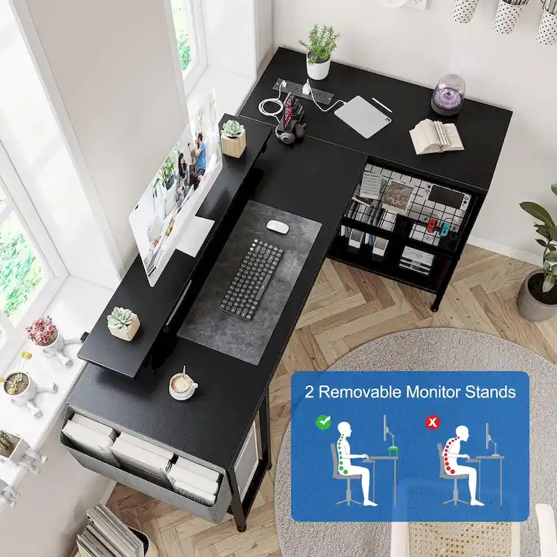 Modern L Shaped Computer Desk with Power Outlets & LED Light