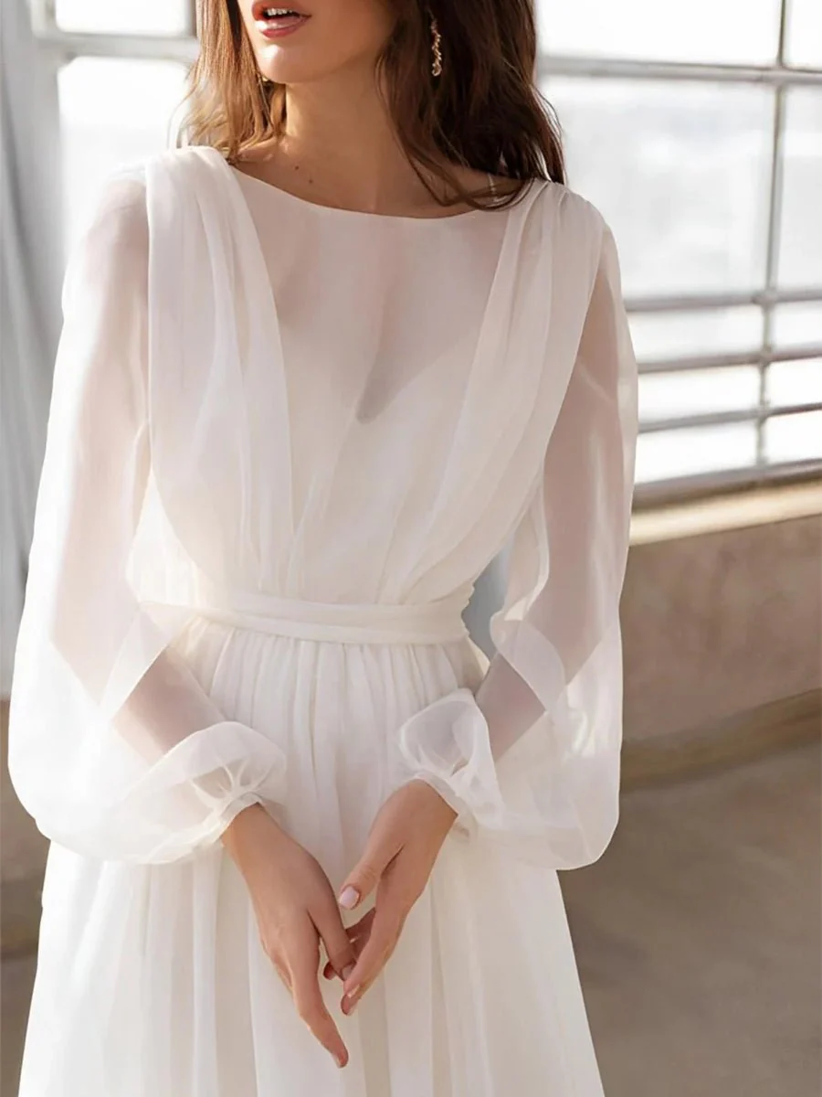 A-Line Illusion Neck Long Sleeves Sweep Train Organza Wedding Dresses