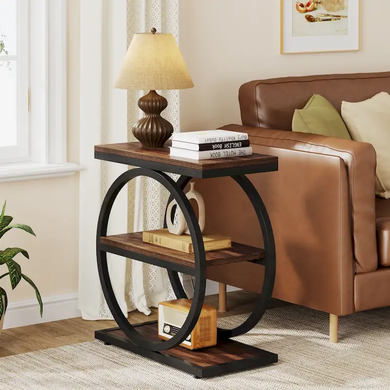 Industrial 3-Shelf Narrow End Table – Brown / Grey / Oak / Yellow