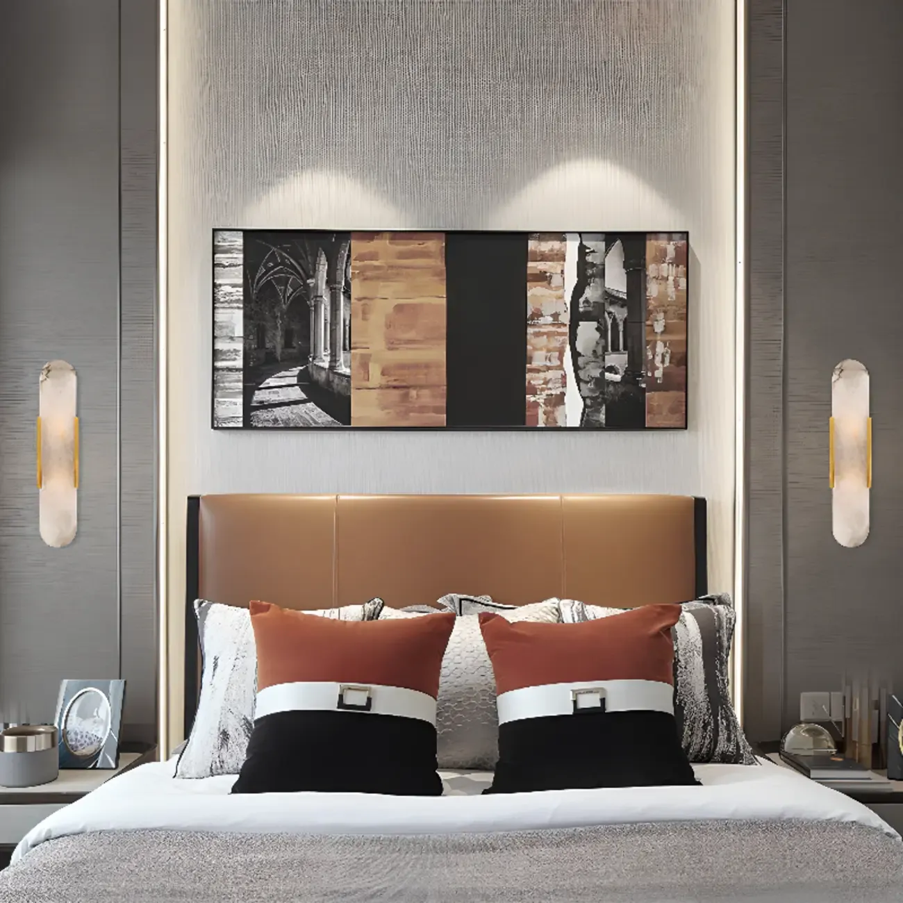 Modern Metal Grey White Stone Shade Up Down Wall Sconce