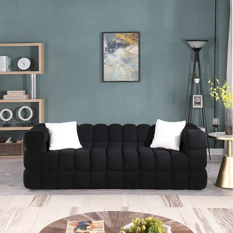 Black / Green / White Boucle Square Arm 3-Seater Sofa