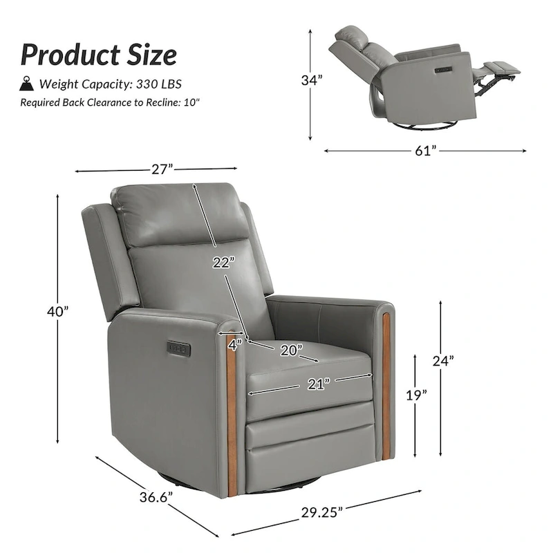 Jaime Modern Genuine Leather Rocking Swivel Power Recliner with Adjustable Headrest and Footrest by HULALA HOME