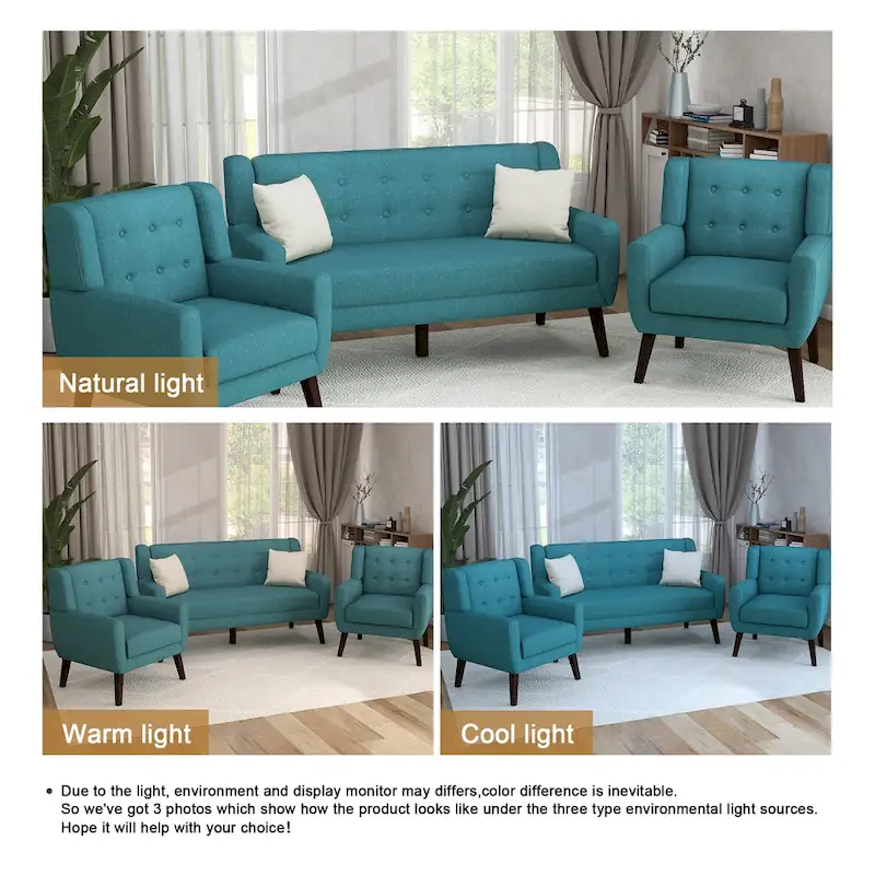 Modern Curved 63 Button Tufted Upholstered Loveseat with 2 Accent Chairs