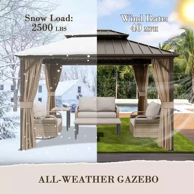 EAGLE PEAK Aluminum Double Hardtop Gazebo with Curtains and Netting
