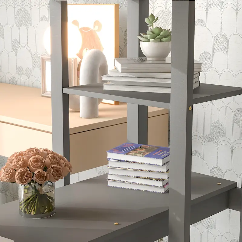 Grey Full Size Wood Loft Bed with Built-in Desk and Guardrails