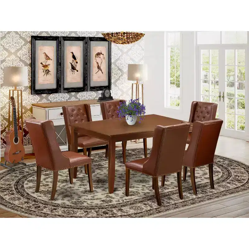 HomeStock 7-Piece Mahogany Finish Solid Wood Top Dining Table with 6 Parson Chairs