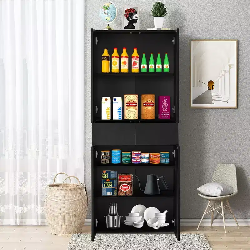 Basicwise 66 Kitchen Pantry Cabinet with 4 Doors, 3 Adjustable Shelves, 2 Cabinets with 1 Drawer  Elegant Freestanding Farmhouse Storage