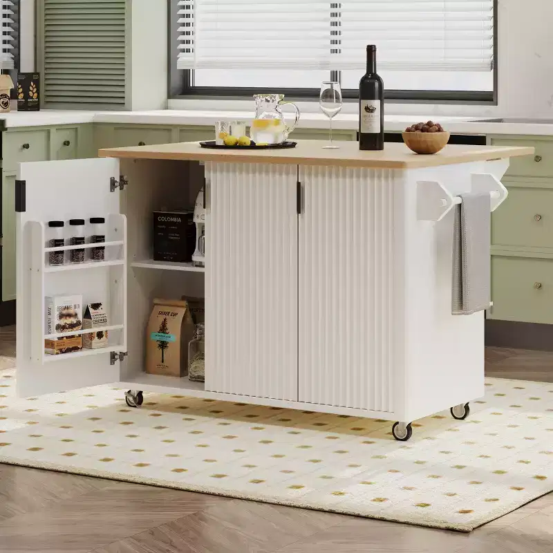 Rolling Solid Wood Kitchen Island with Rubberwood Top, 3 Drawers, 2 Cabinets, Adjustable Shelves, Spice Rack & Locking Wheels  Painted Finish