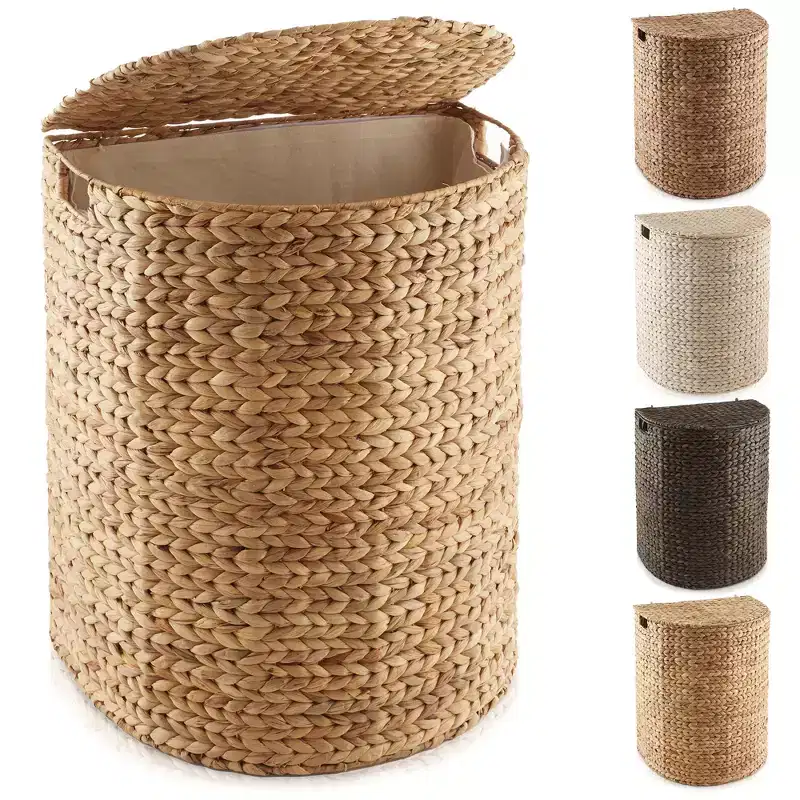 Casafield Half Moon Laundry Hamper with Lid and Removable Liner Bag, Woven Water Hyacinth Laundry Basket for Clothes, Towels