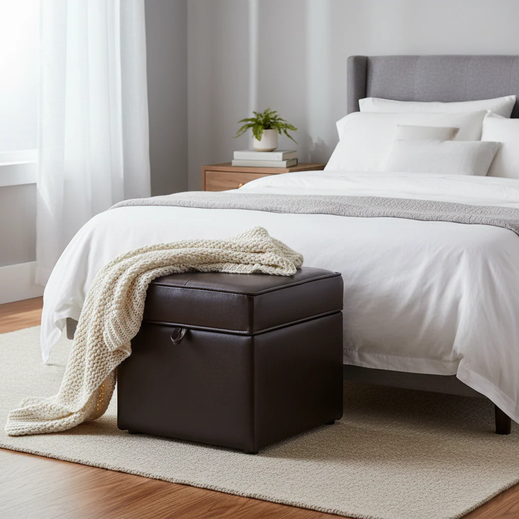 Dark Brown Faux Leather Storage Ottoman