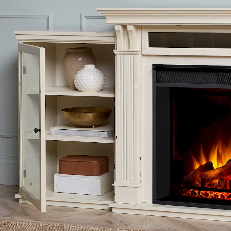 Tracey 84   TV Stand Electric Fireplace in Distressed White by Real Flame