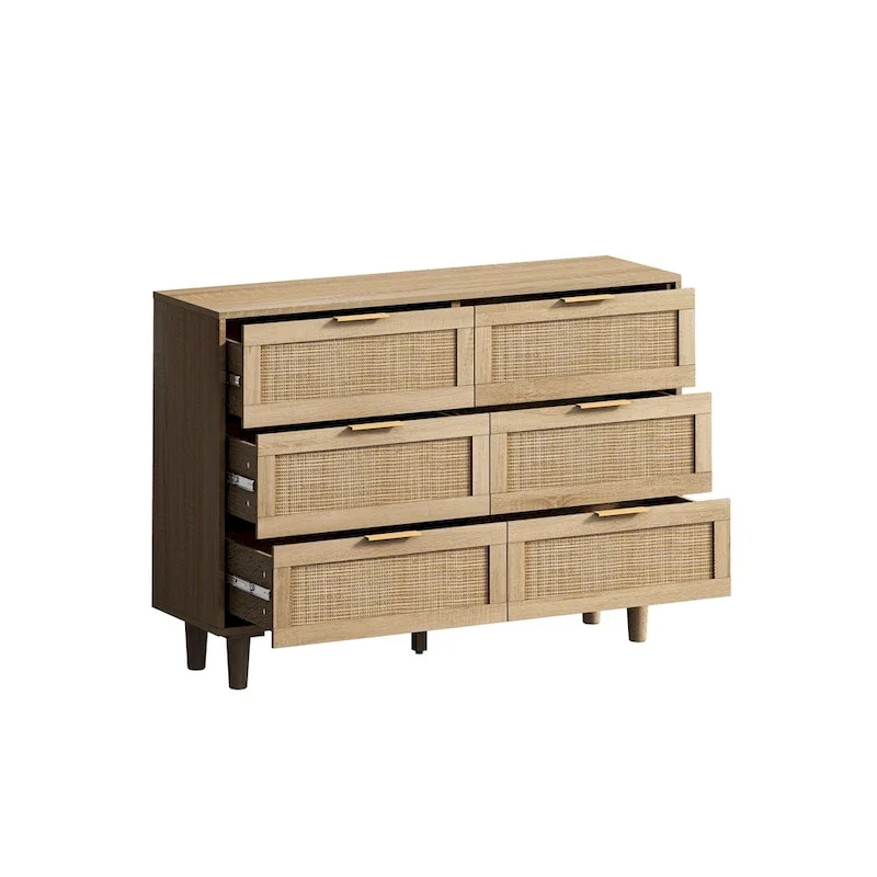 Natural / Black, 6-Drawer Rattan Dresser, Single-User