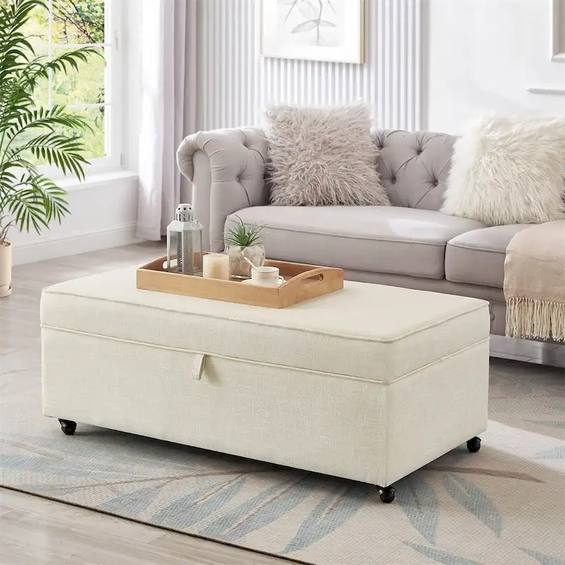 Oatmeal/Ivory/Grey/Dark Gray/Black Linen Storage Ottoman Bench, 2-3 Person