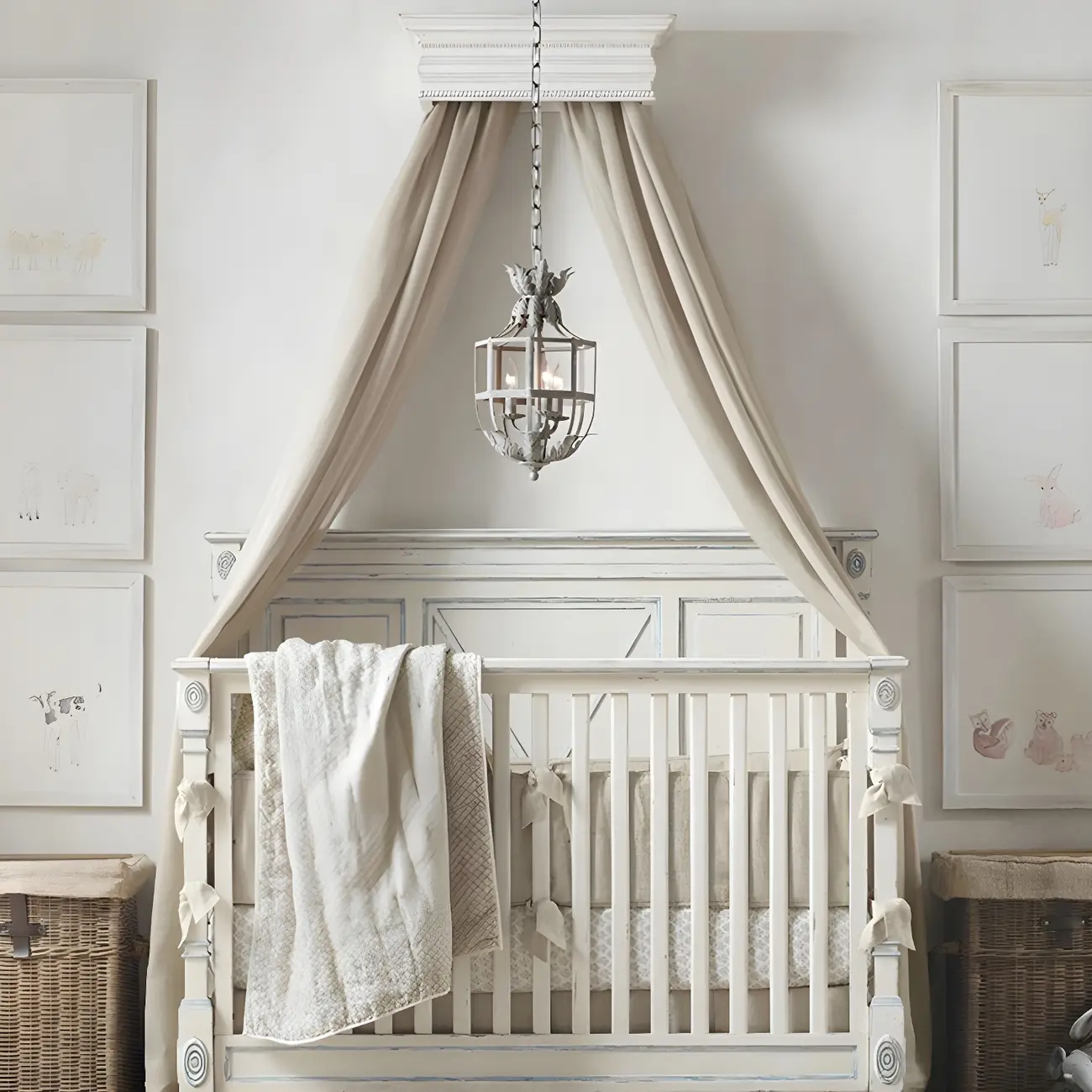 Vintage Grey Iron Cage Candelabra Chandelier